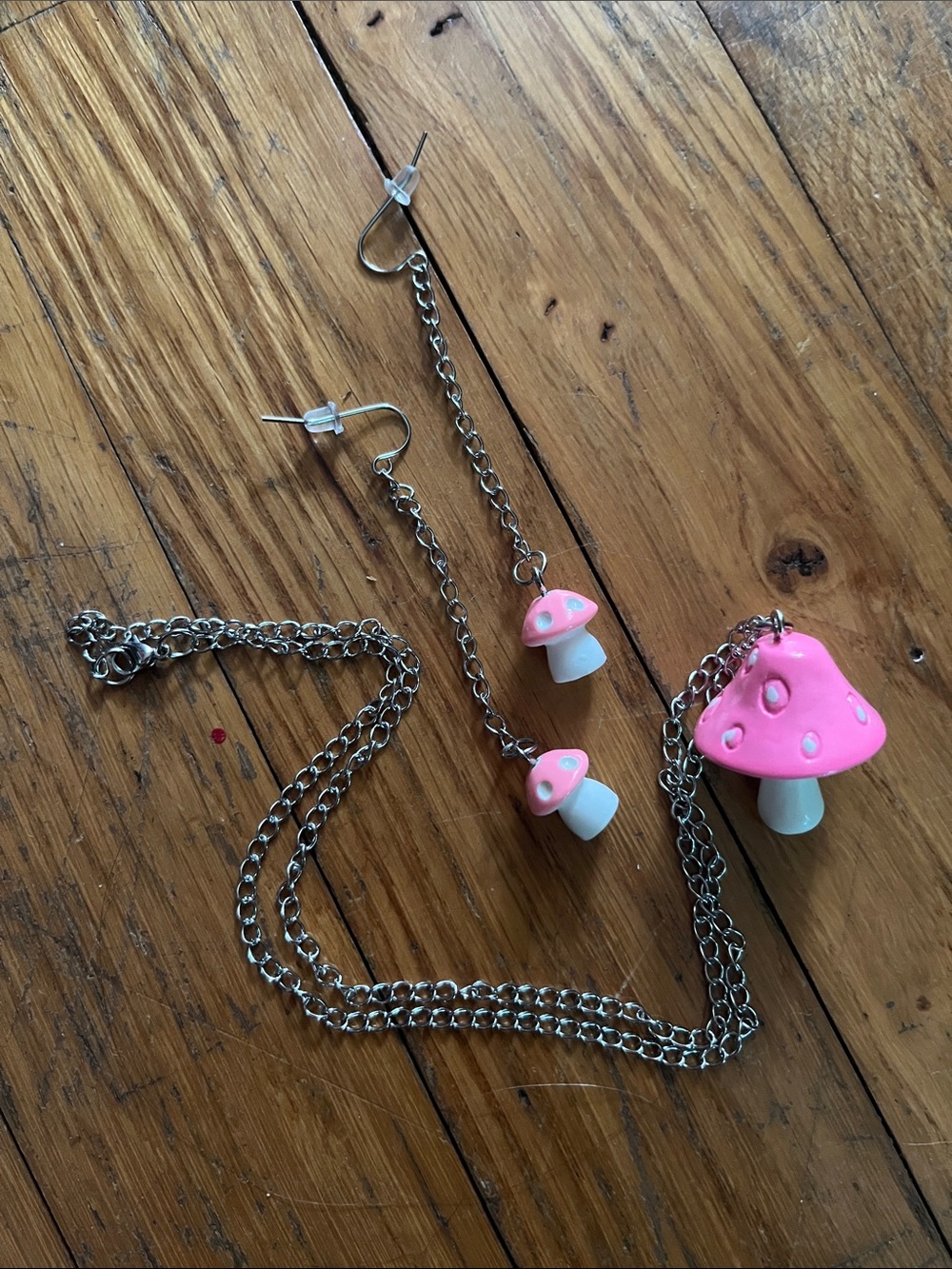 Pink Mushroom Necklace and Earrings Set - Acrylic, Stainless Steel